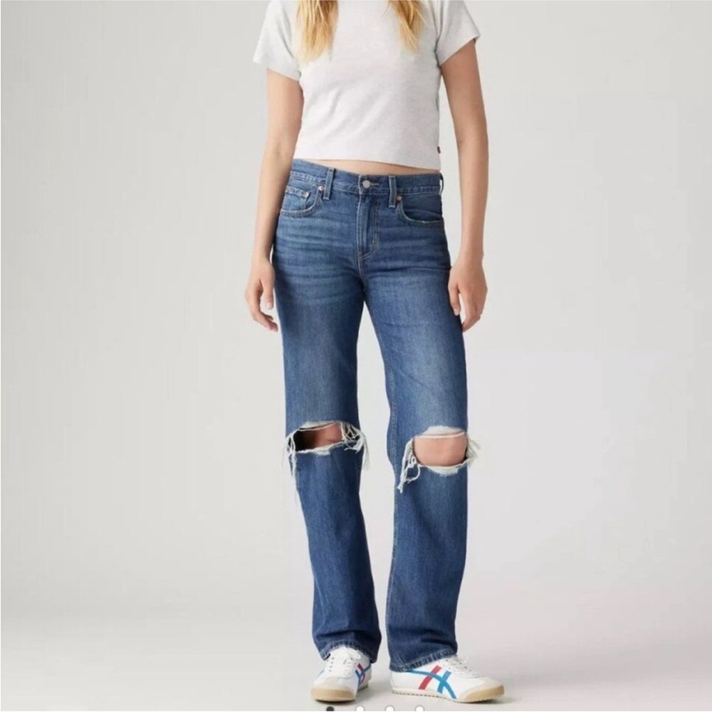 Levis Jeans Womens 31 Blue Low Pro Straight Distressed Ripped Baggy Medium Denim